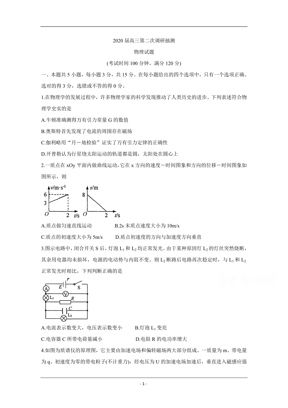 江苏省南通市通州区2020届高三第二次调研抽测试题 物理 Word版含答案_第1页