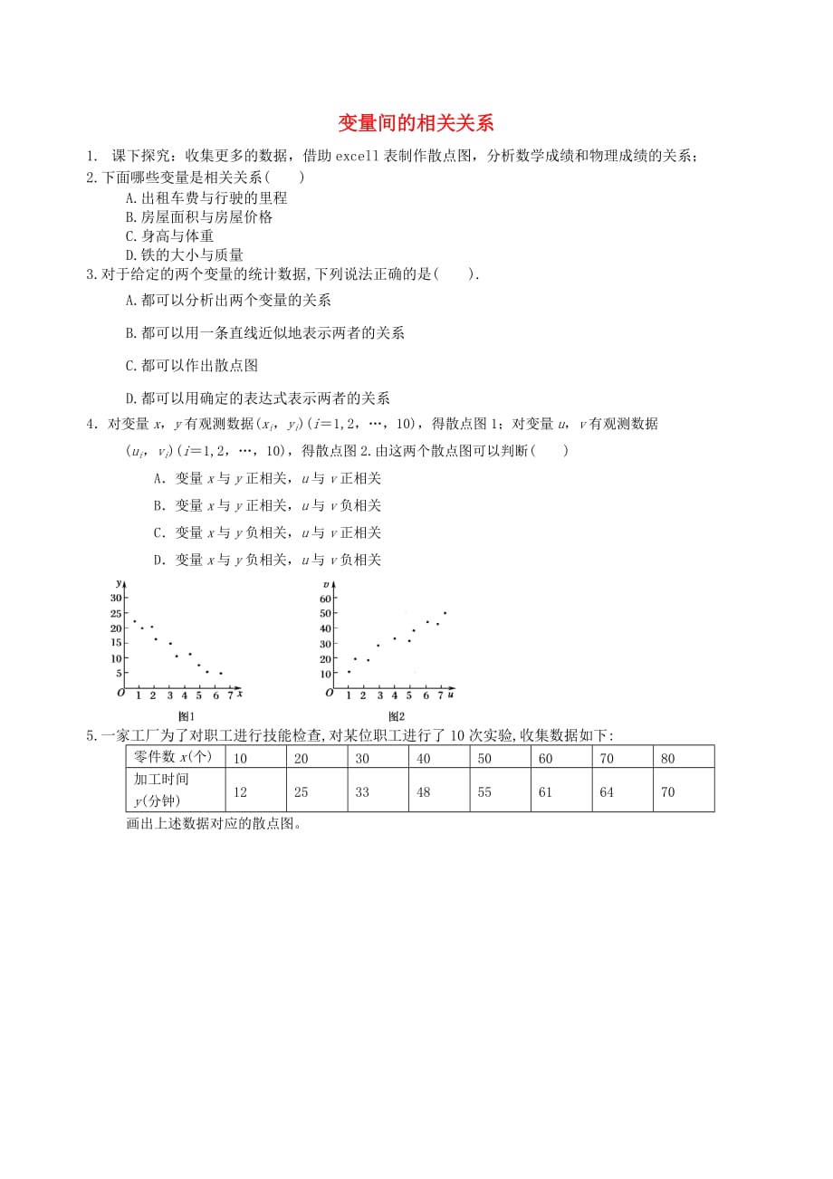 高中数学 2.3.1 变量之间的相关关系习题 新人教A必修3_第1页