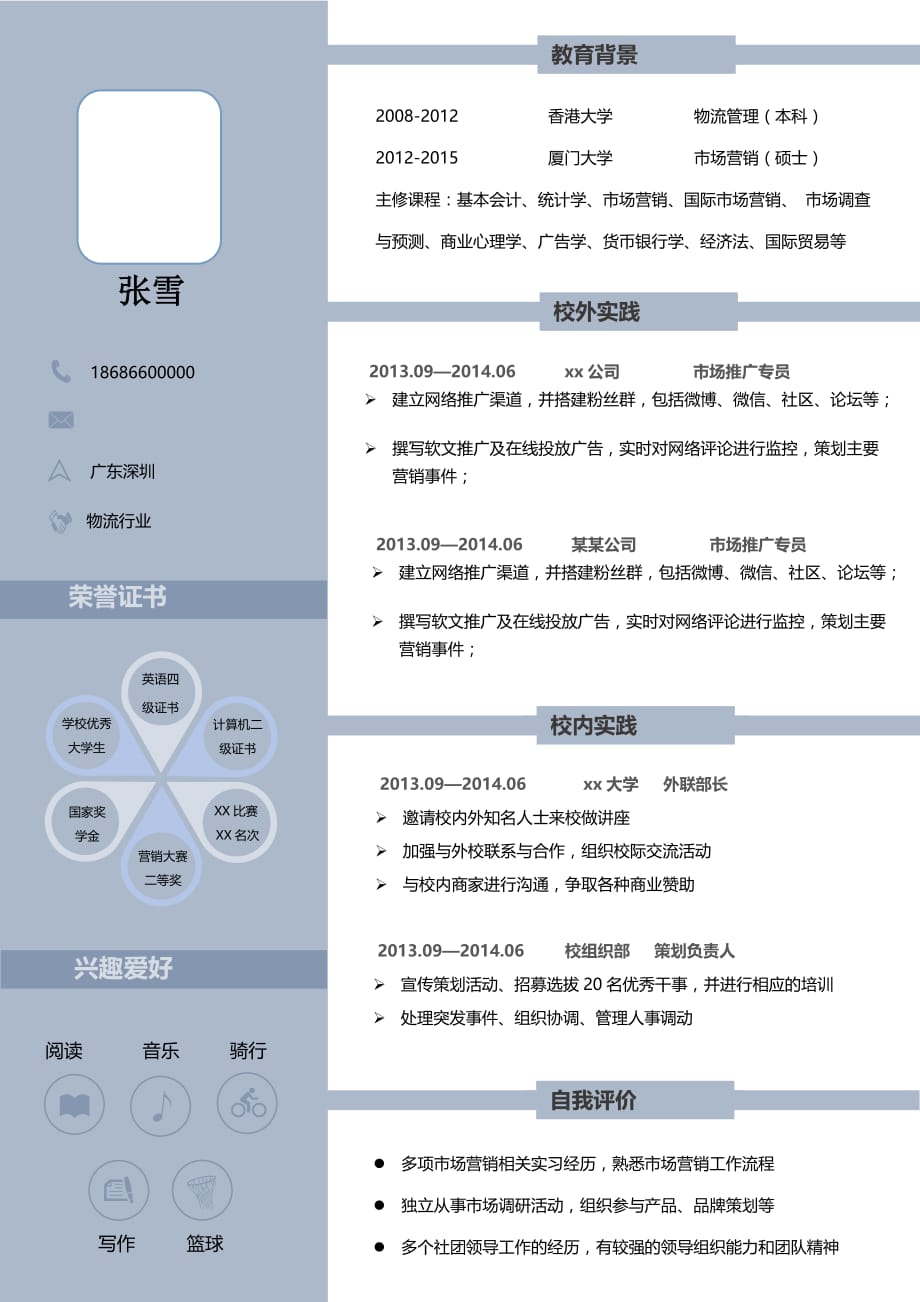 个性化的物流管理专业简历模板_第1页