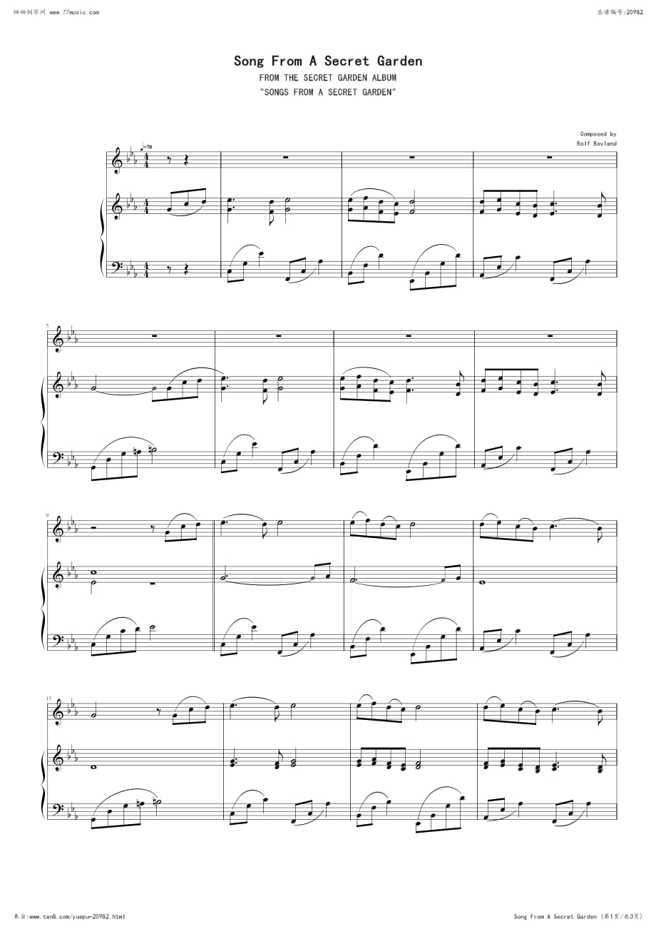 03 Song From A Secret Garden（神秘园之歌钢琴谱全集钢琴谱 钢琴简谱 数字谱 ）.pdf_第1页