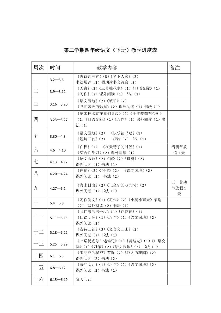 四年级下册语教学进度表_第1页