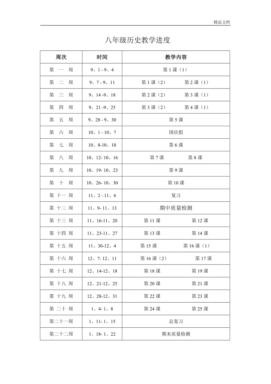 初中八年级历史上教学进度表可打印.doc_第1页