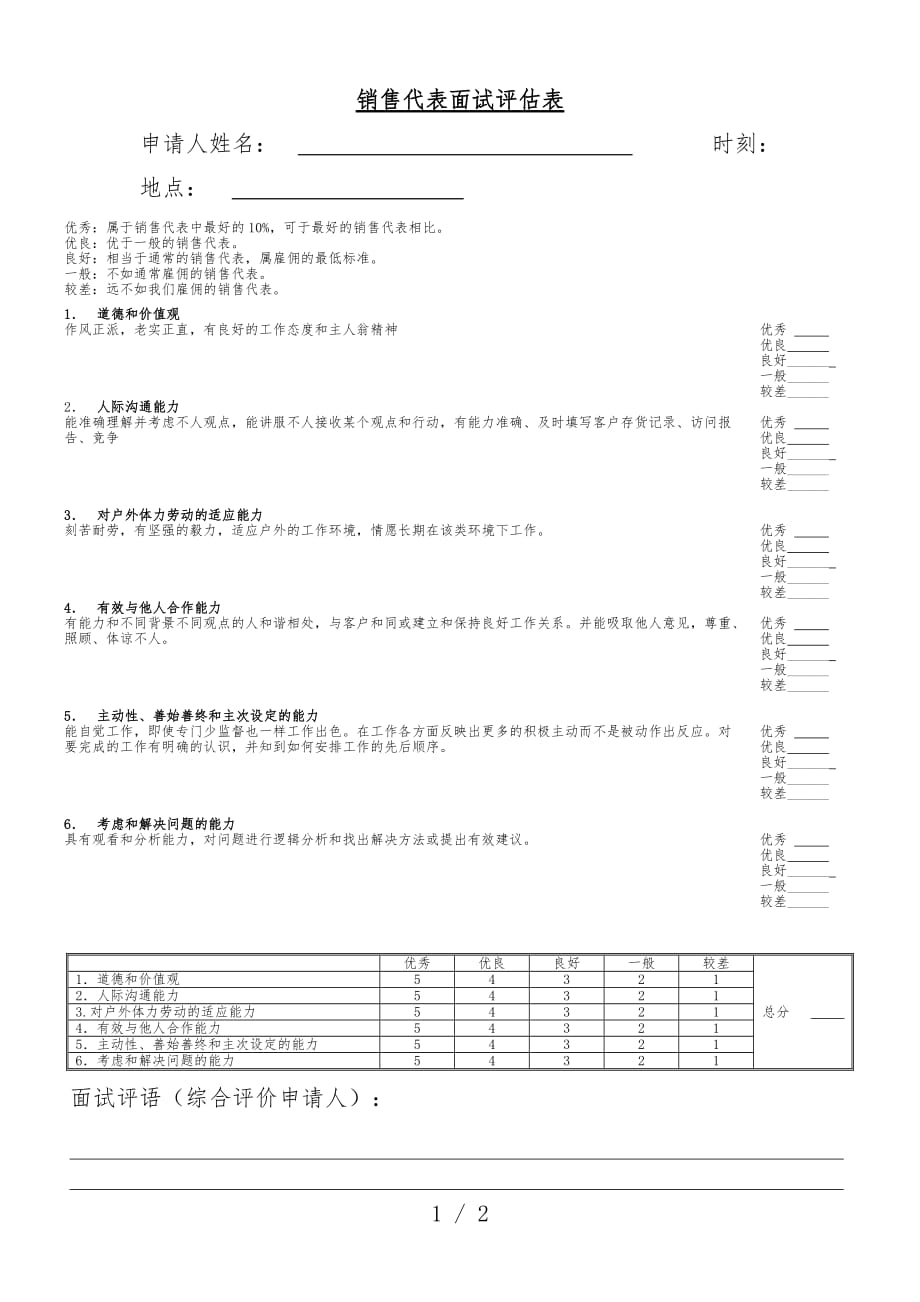 公司销售代表面试评分表_第1页