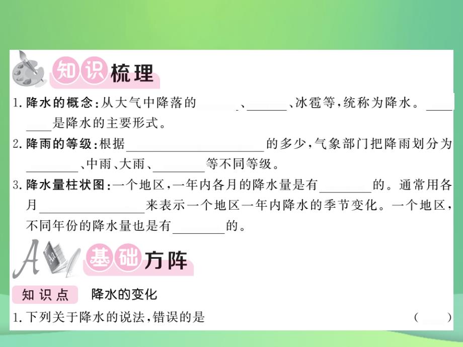 2019秋七年级地理上册 第3章 第三节 降水的变化与分布（第1课时 降水的变化）习题课件 （新版）新人教版_第2页