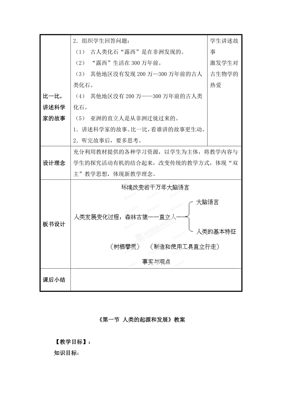 初中生物七年级下册《1.1第一节 人类的起源和发展》教案三篇表格（附同步练习）_第4页