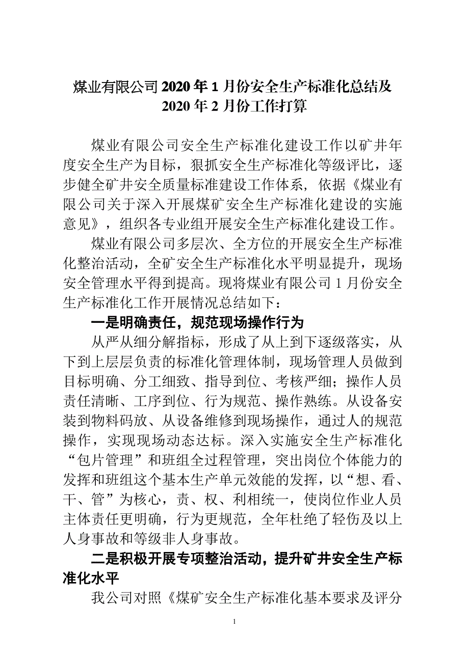 煤业有限公司2020年1月份安全生产标准化总结及2020年2月份工作打算_第1页