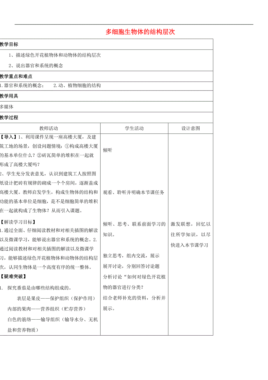 济南初中生物七上《1.2第3节 多细胞生物体的结构层次》word教案 (9)_第1页