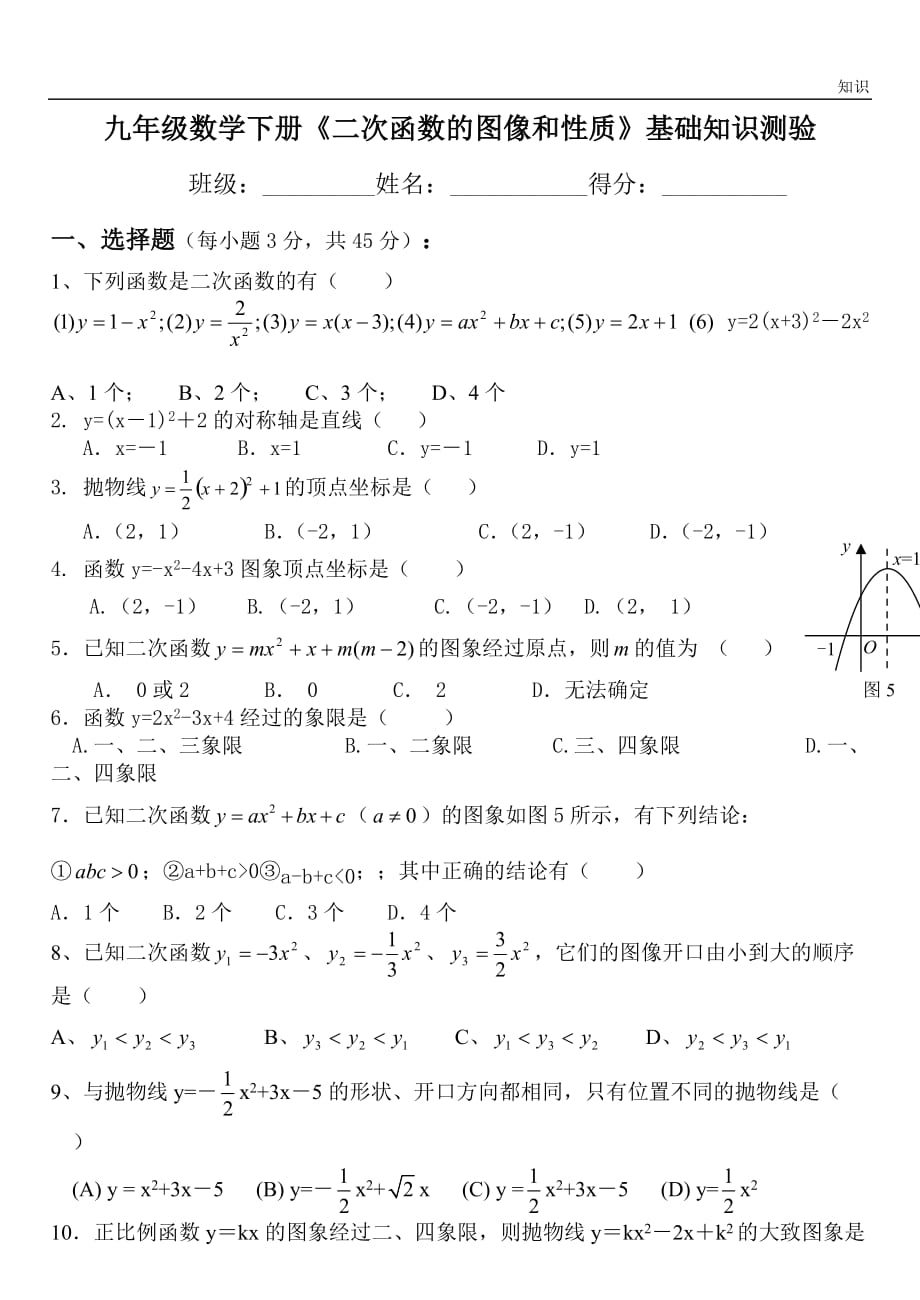 二次函数图像和性质基础的知识点测试题.doc_第1页