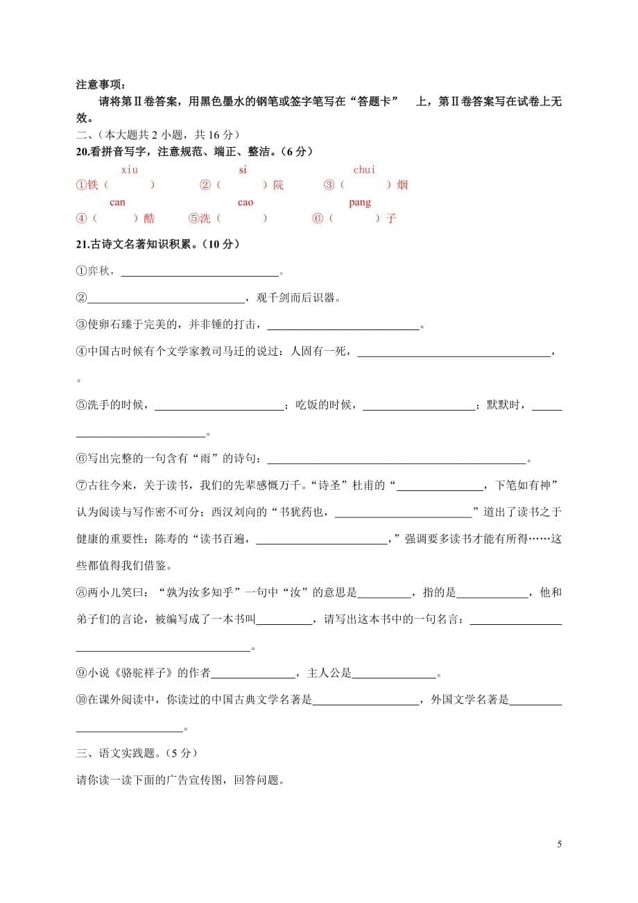 人教部编版2020-2021年六年级下册语文期末试卷_第5页