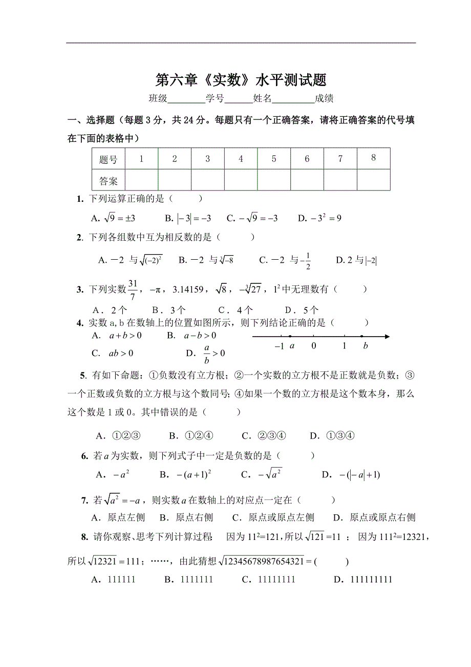 人教七下第6章 实数 综合水平测试题2_第1页