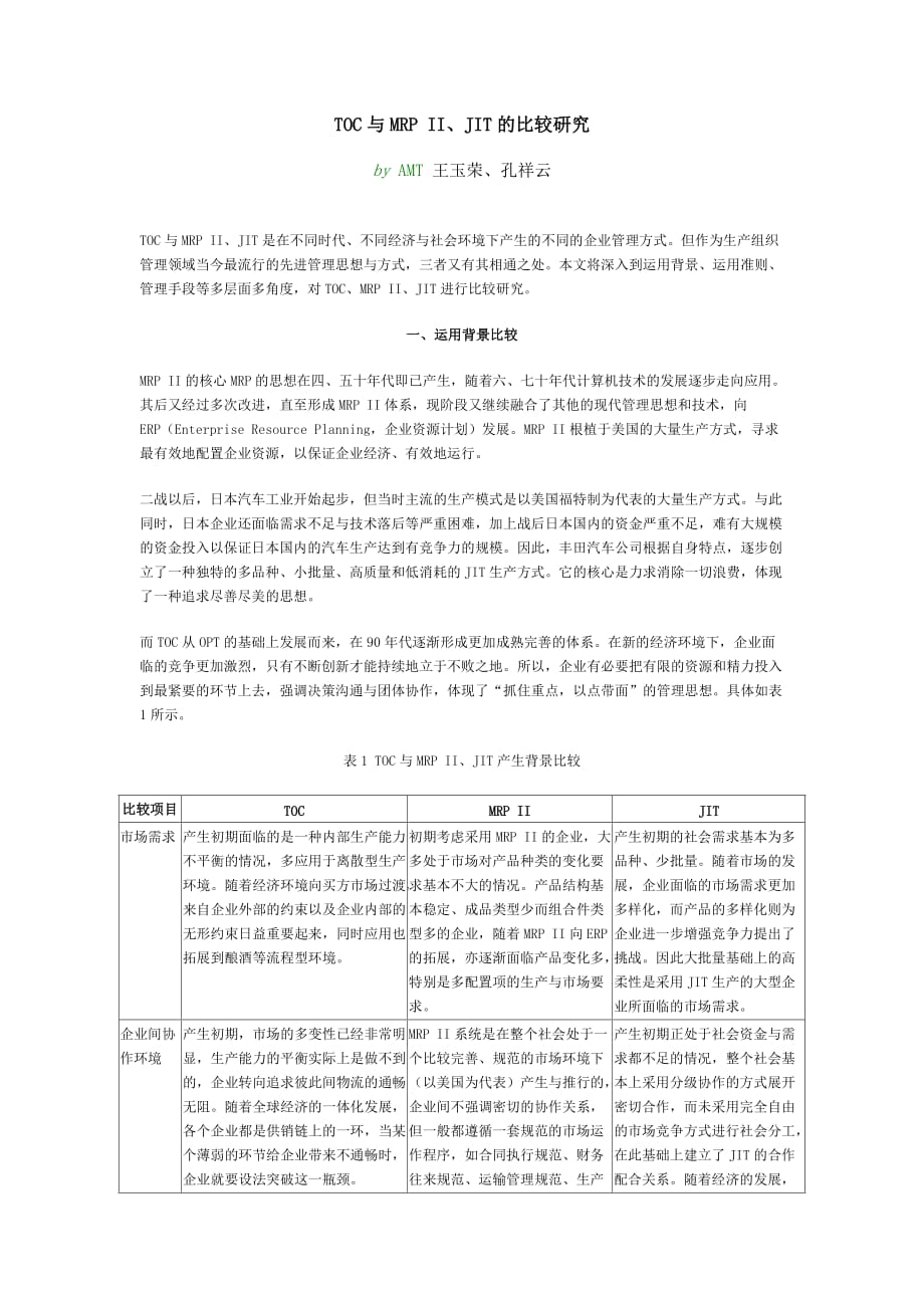 （JIT准时生产方式）TOC与MRPII、JIT的比较研究_第1页