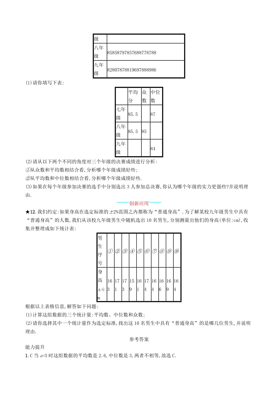 八年级数学下册第二十章数据的分析20.1数据的集中趋势20.1.2中位数和众数知能演练提升（新版）新人教版_第3页