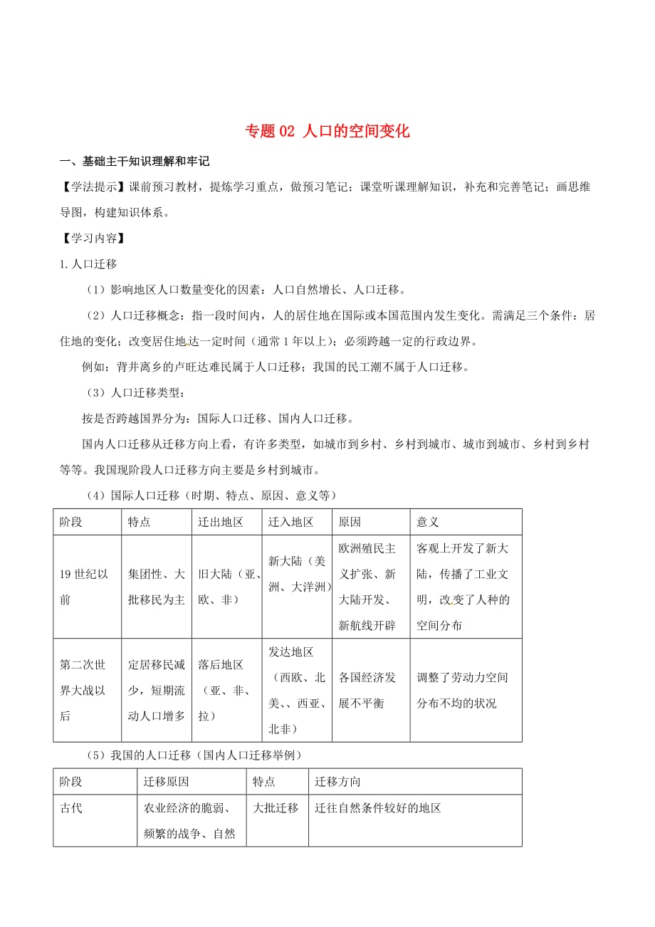 （新高考专版）高一地理专题02人口的空间变化同步有效作业（必修2）_第1页