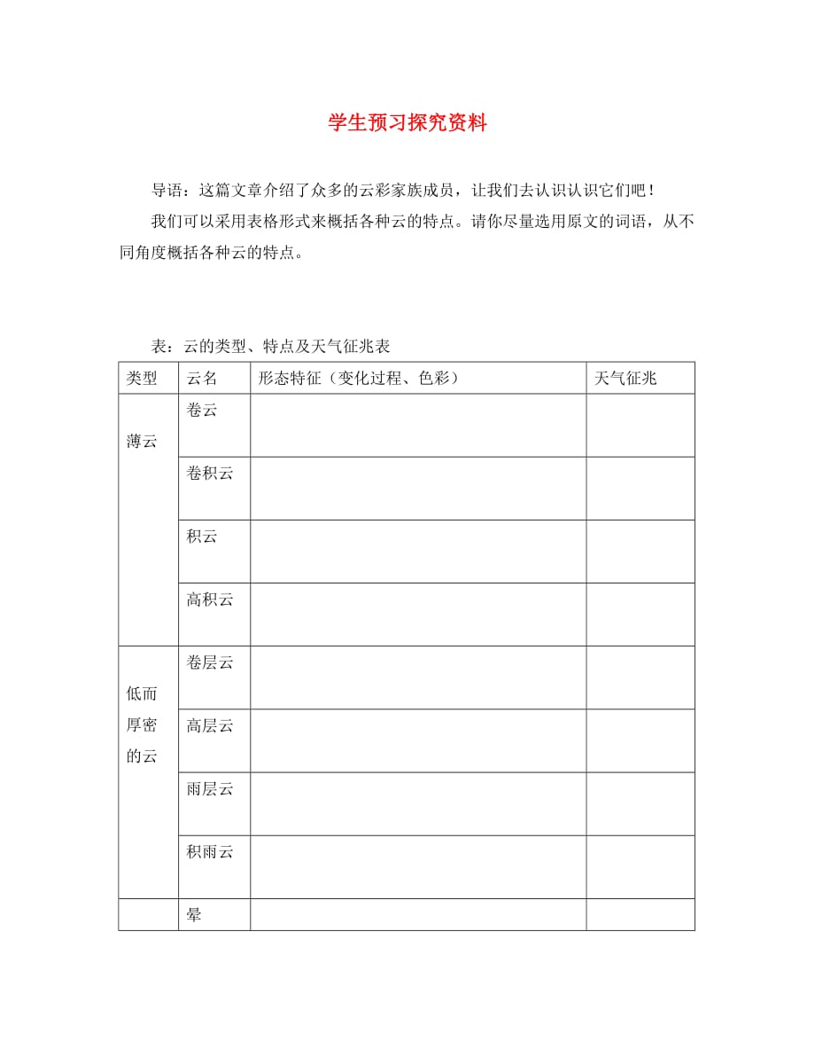 2020七年级语文上册 第五单元 第22课《看云识天气》学生预习探究资料 新人教版_第1页