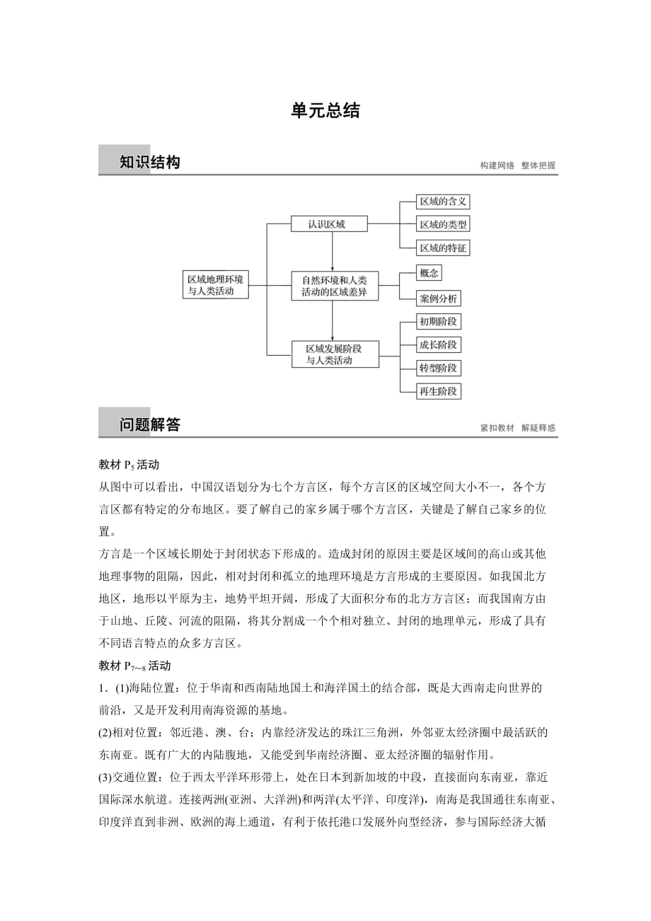 地理新导学同步鲁教通用必修三讲义：第一章 区域地理环境与人类活动 单元总结 Word含答案_第1页