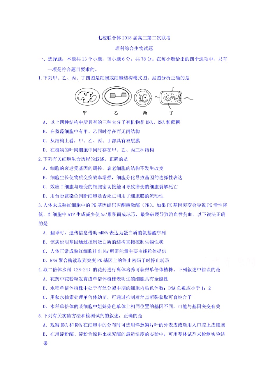 山东省七校联合体高三第二次联考理科综合生物试题 Word缺答案_第1页