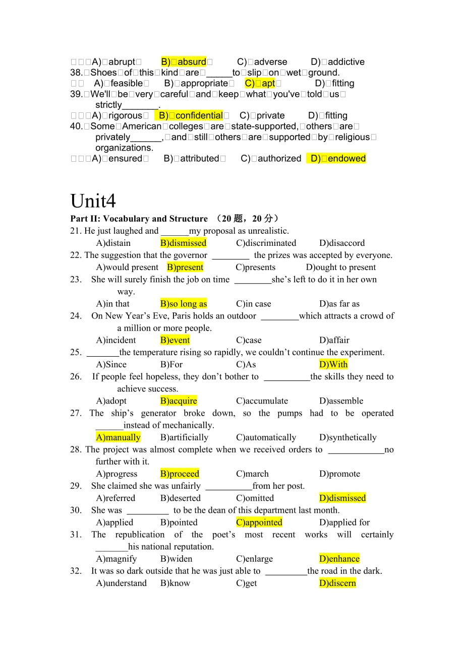 大学英语4Quiz1-7选择题集锦.doc_第4页