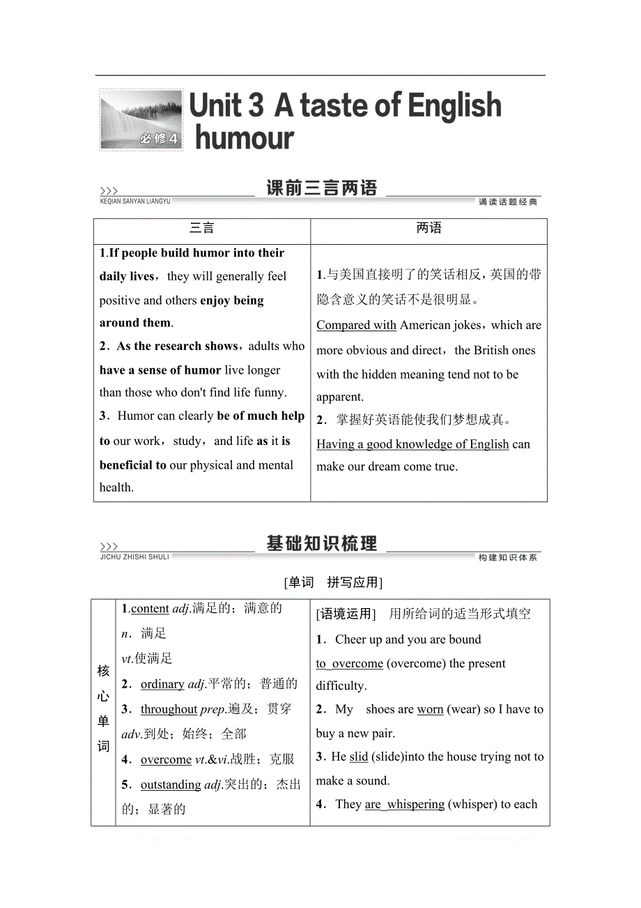 2021届高三英语人教版一轮新高考复习学案：必修4 Unit 3　A taste of English humour_第1页