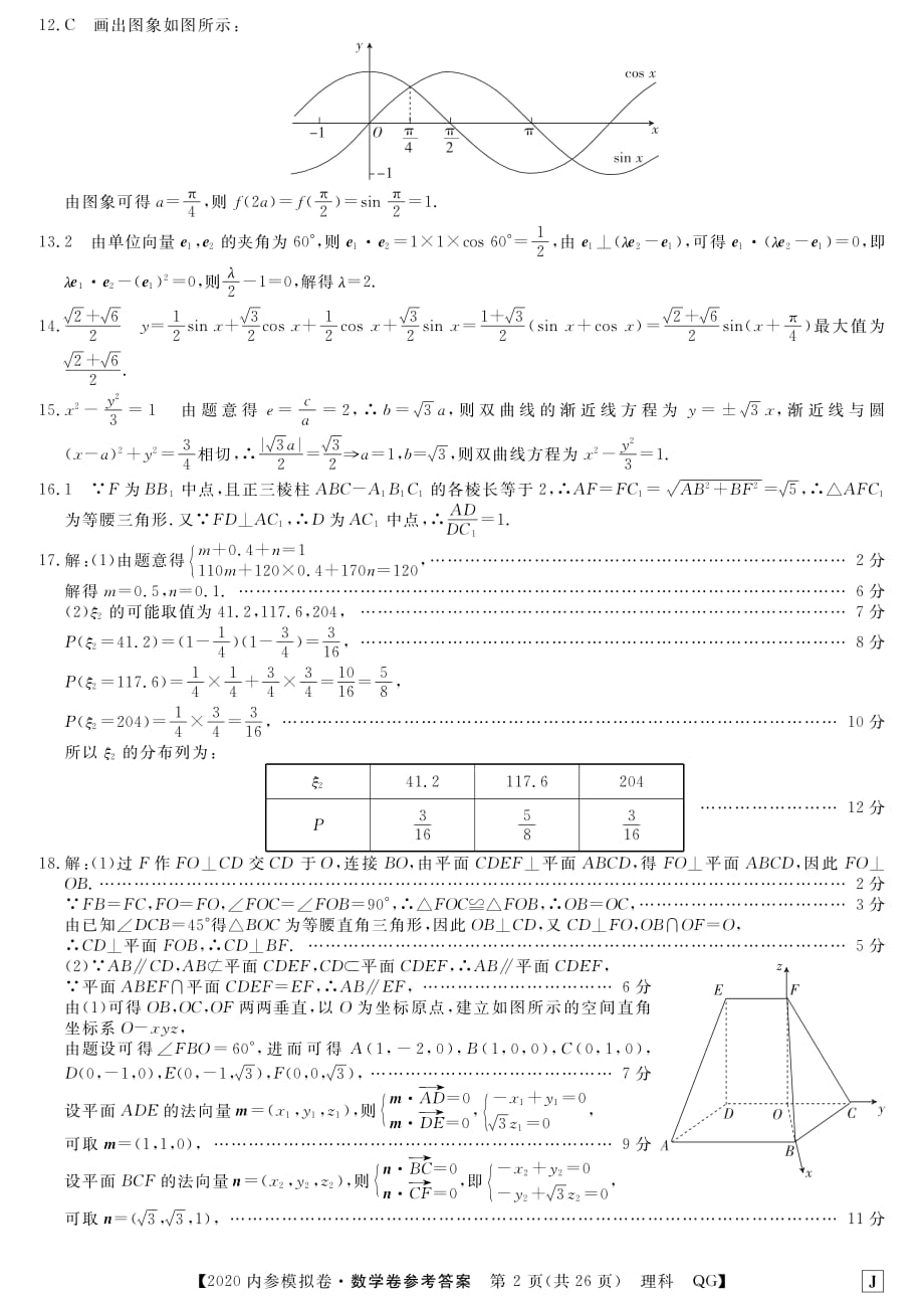 2020年普通高等学校招生全国统一考试内参模拟测卷（一）理科数学（全国3卷）答案1_第2页