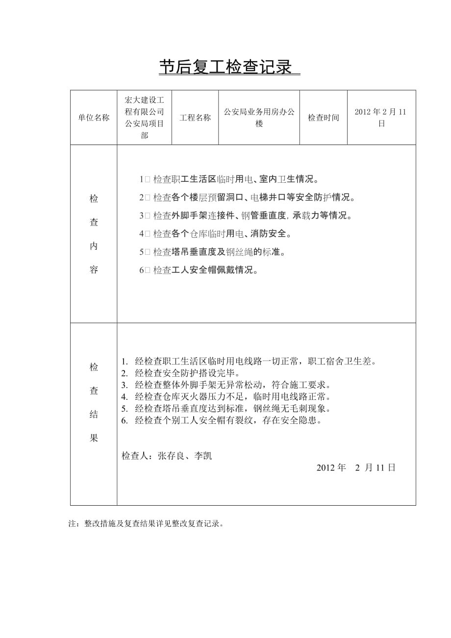 公安局工地节后复工检查记录.doc_第1页