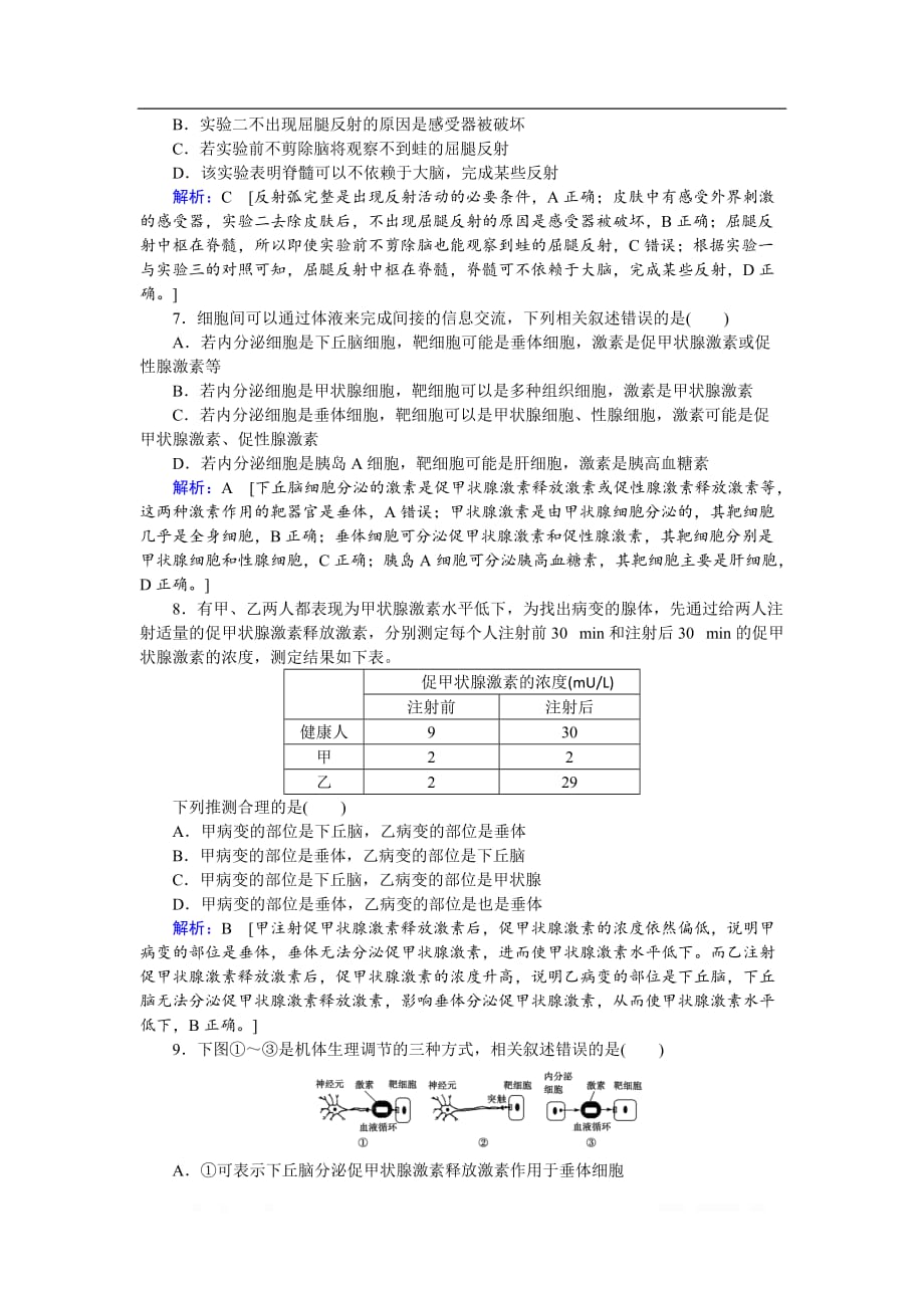 2020届高考艺考生物复习专题强化练：十一 专题七 第10讲 动物和人体生命活动的调节_第3页