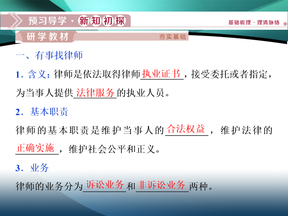 2019-2020学年高中政治人教版选修5课件：专题六 第五框　律师面面观_第3页