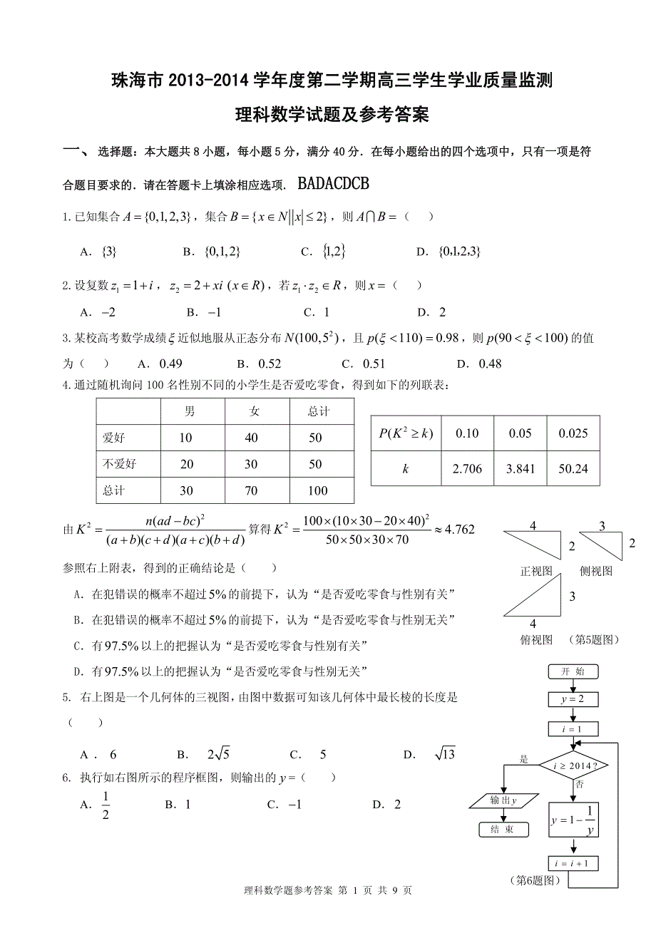 广东省珠海市2014届高三数学学业质量检测 理.pdf_第1页