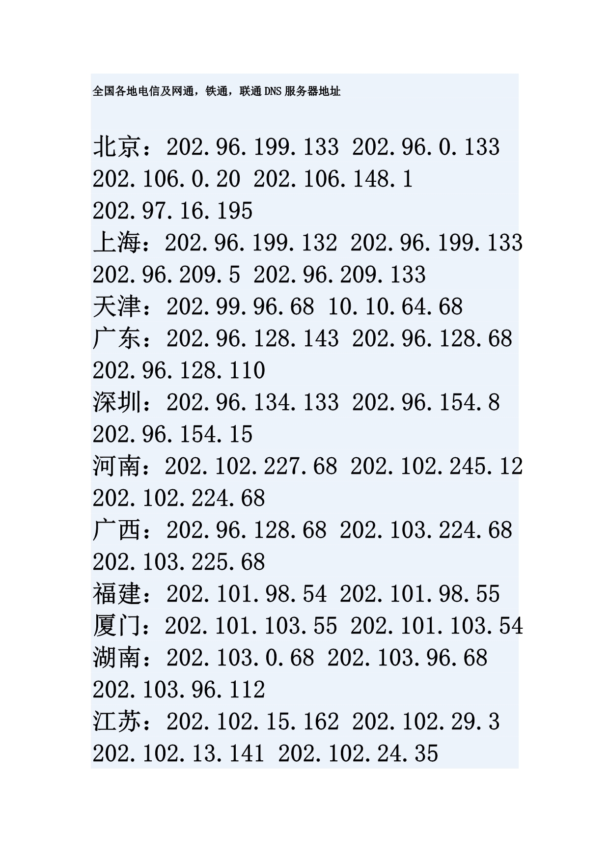 全国各地电信及网通DNS服务器.doc_第1页