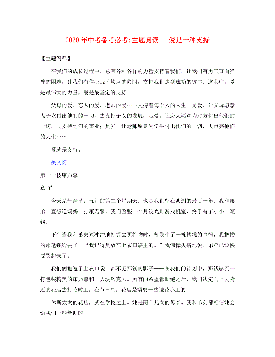 2020年中考语文备考必备 主题阅读—--爱是一种支持_第1页