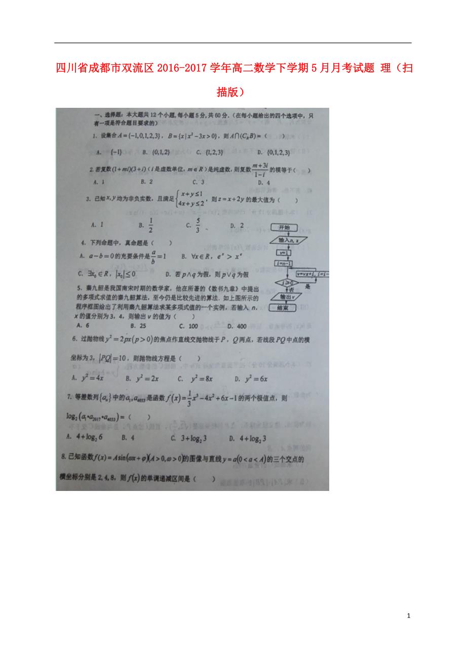 四川省成都市双流区2016_2017学年高二数学下学期5月月考试题理（扫描版） (1).doc_第1页