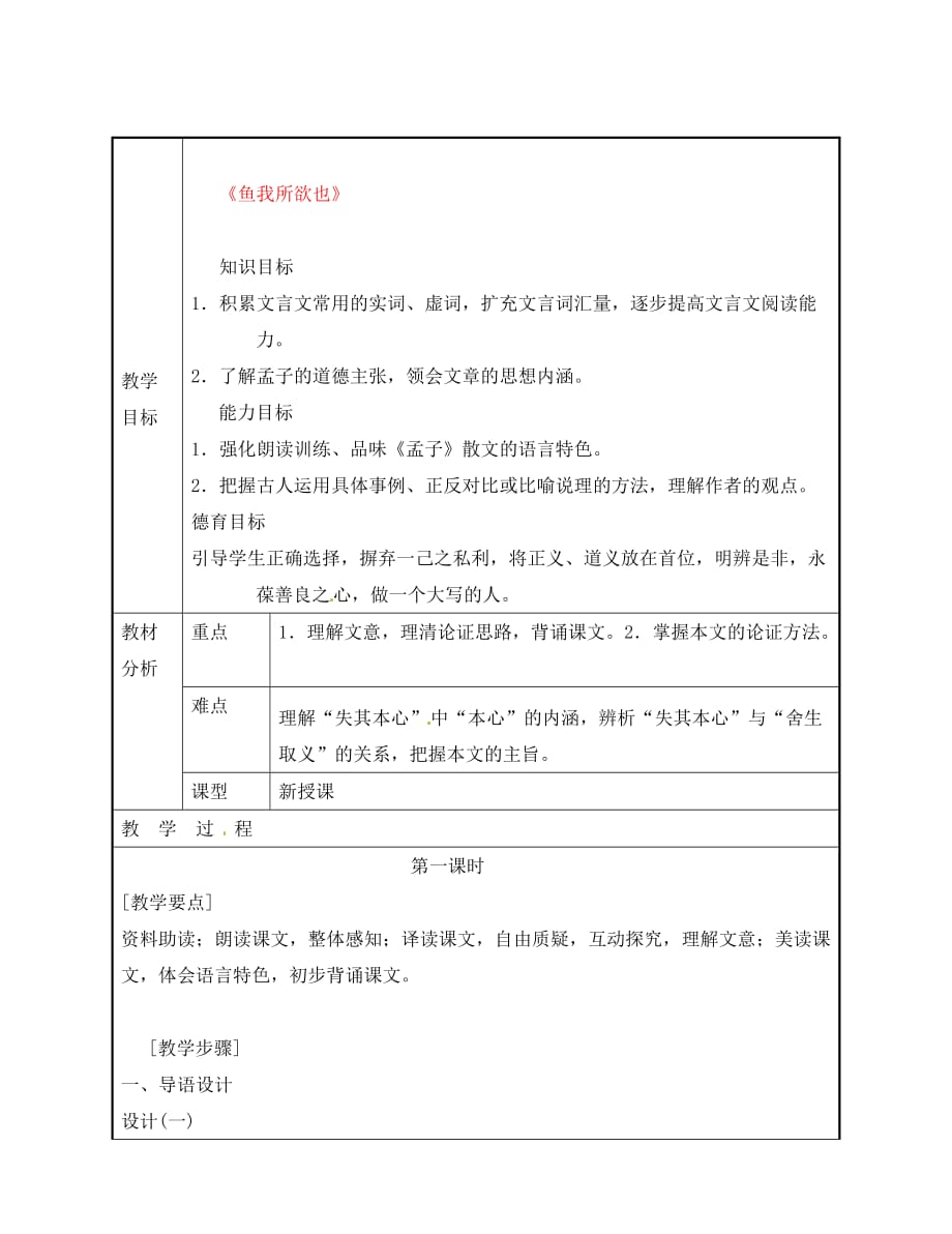 广东省东莞市黄冈理想学校九年级语文下册 第5单元 19《鱼我所欲也》教案 新人教版_第1页