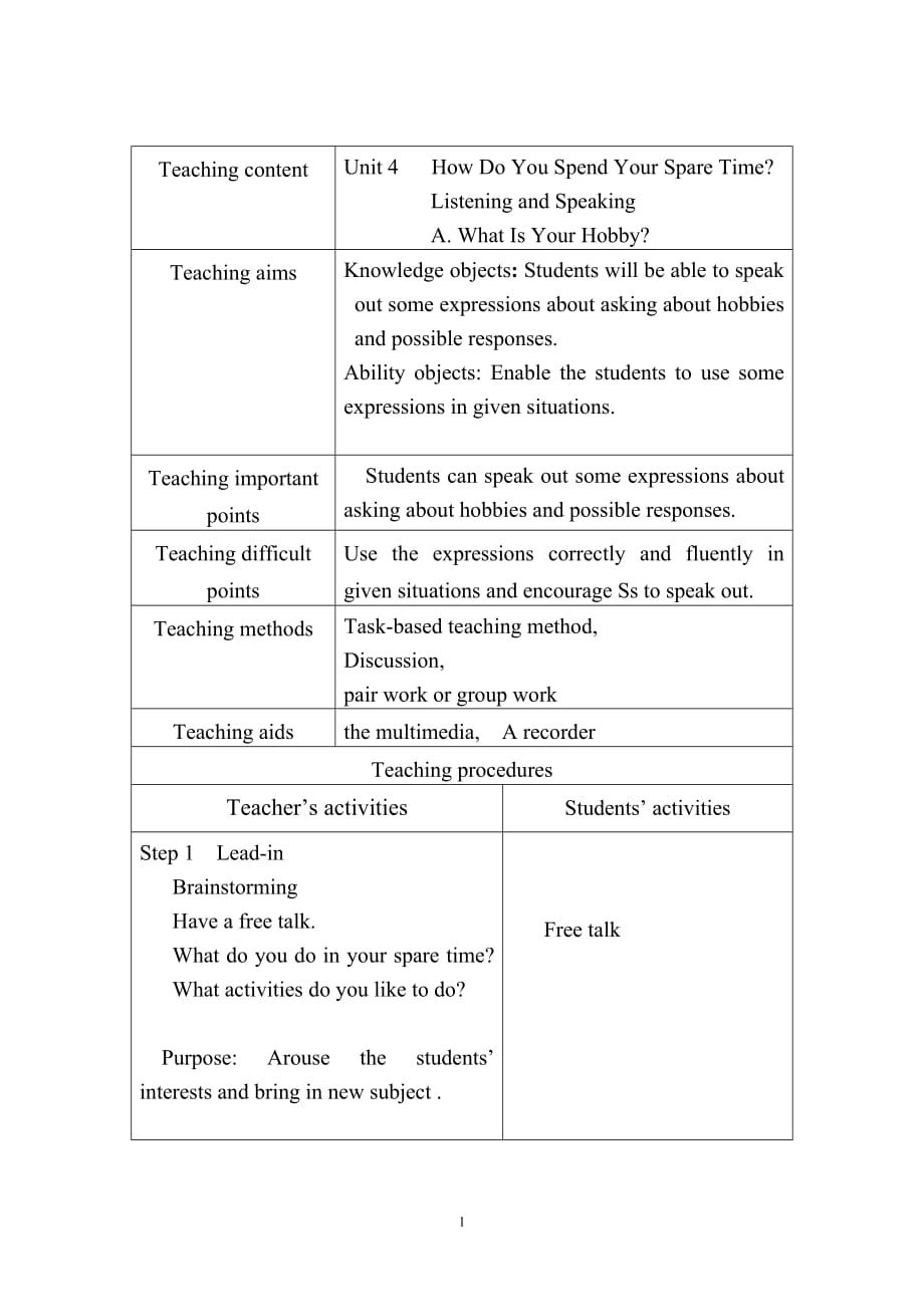 中职英语基础模块上册Unit 4 Speaking教案_第1页