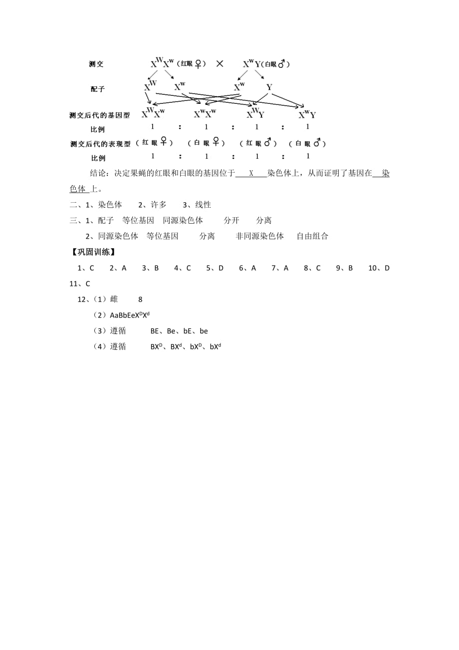 广东省高明实验中学高中生物必修二人教导学案：第2章 第2节 基因在染色体上（2）_第4页