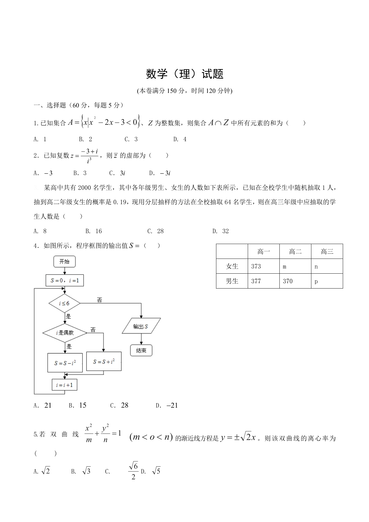 广东省清远市清城区高三上学期期末考试B卷数学（理）试题 Word版含答案_第1页