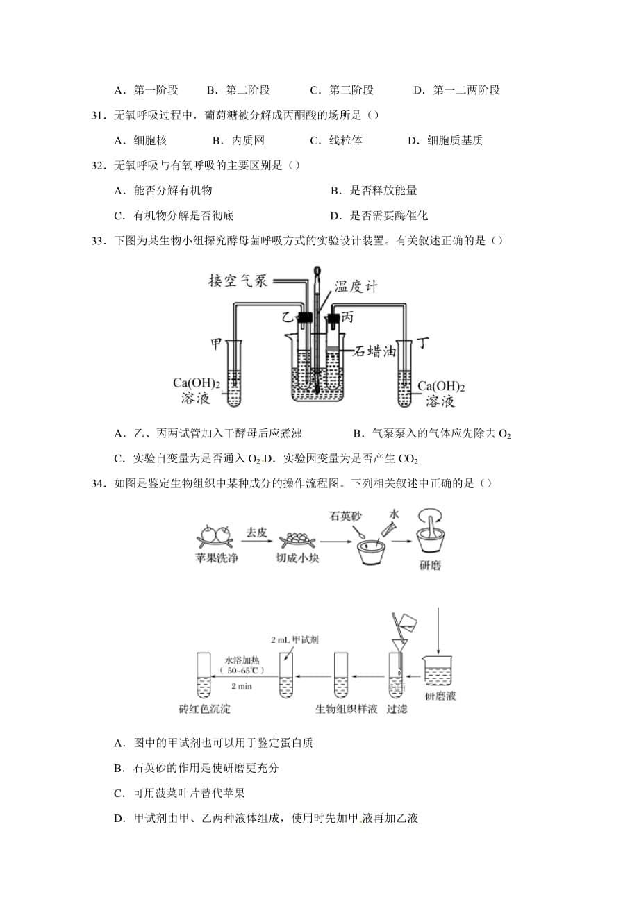 江苏省高一上学期第二次限时训练生物试题 Word缺答案_第5页