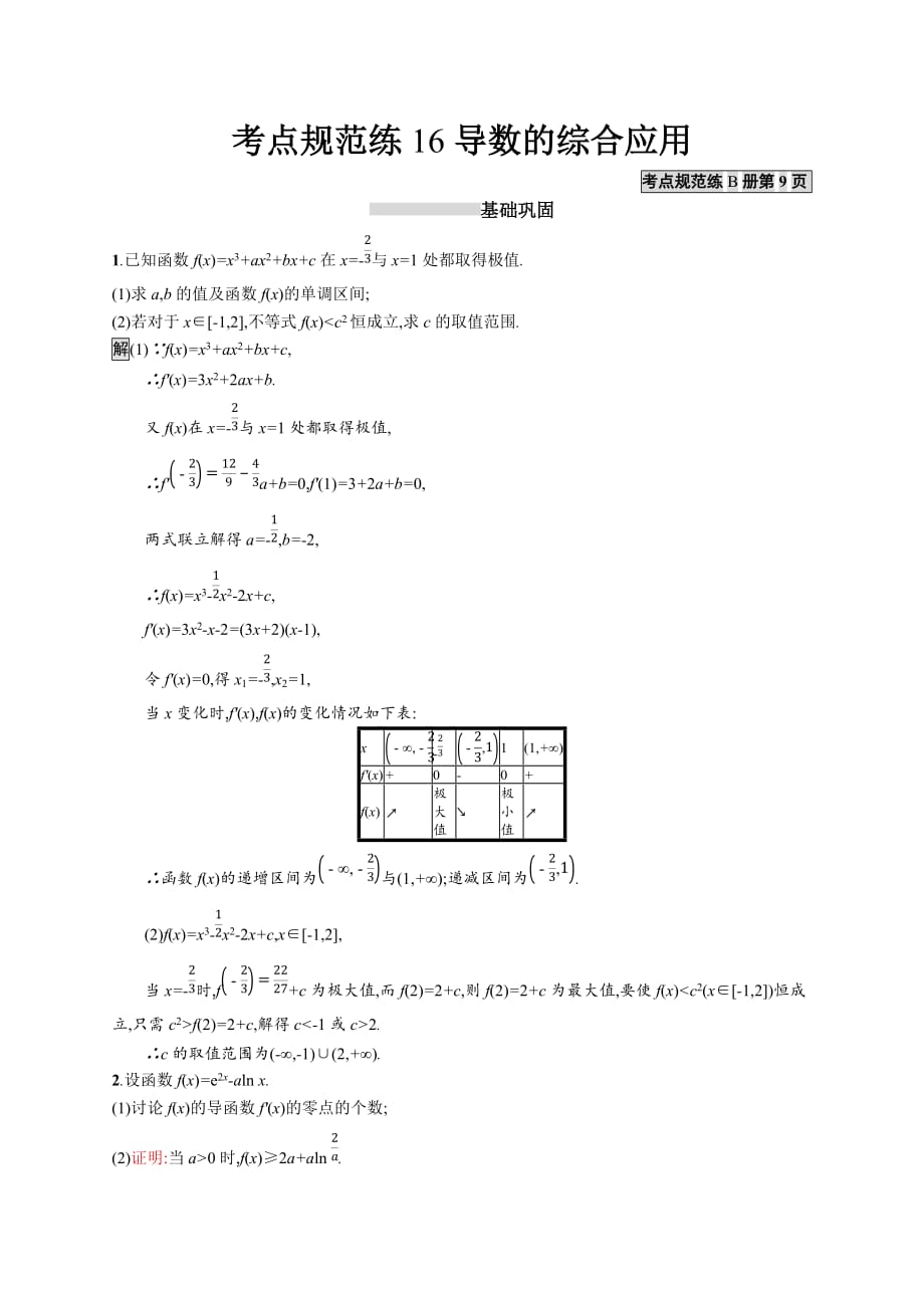 广西高考人教A数学（理）一轮复习考点规范练16 导数的综合应用 Word含解析_第1页