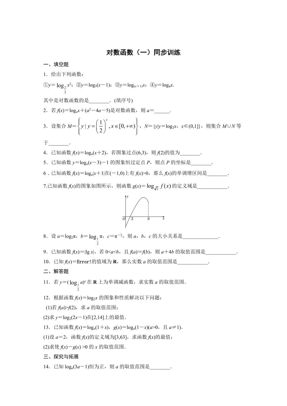 江苏省高中数学必修一：对数函数（一）同步训练_第1页