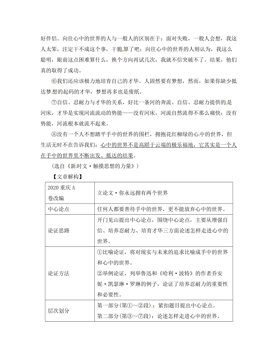 重庆市2020中考语文试题研究第三部分现代文阅读专题三议论文阅读你永远拥有两个世界素材_第2页