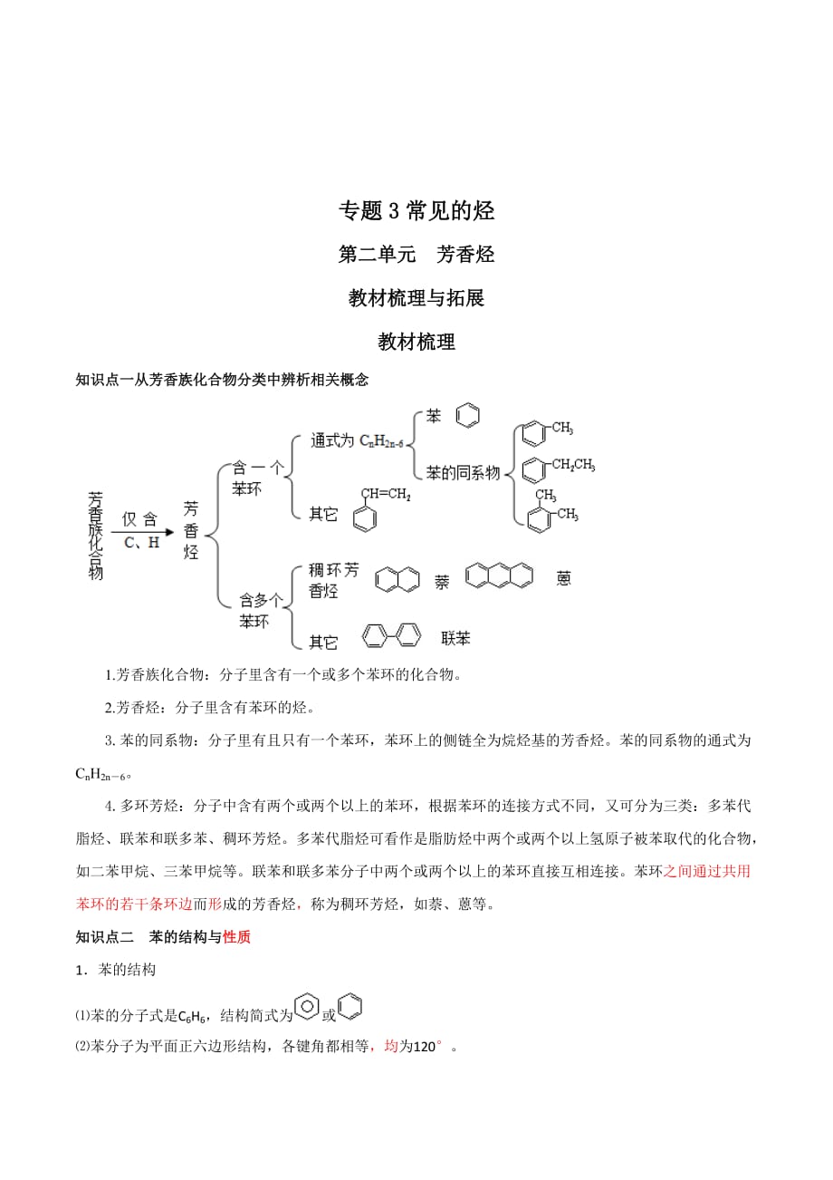 江苏省苏教版高中化学选修五教材梳理：专题3 第二单元 芳香烃_第1页