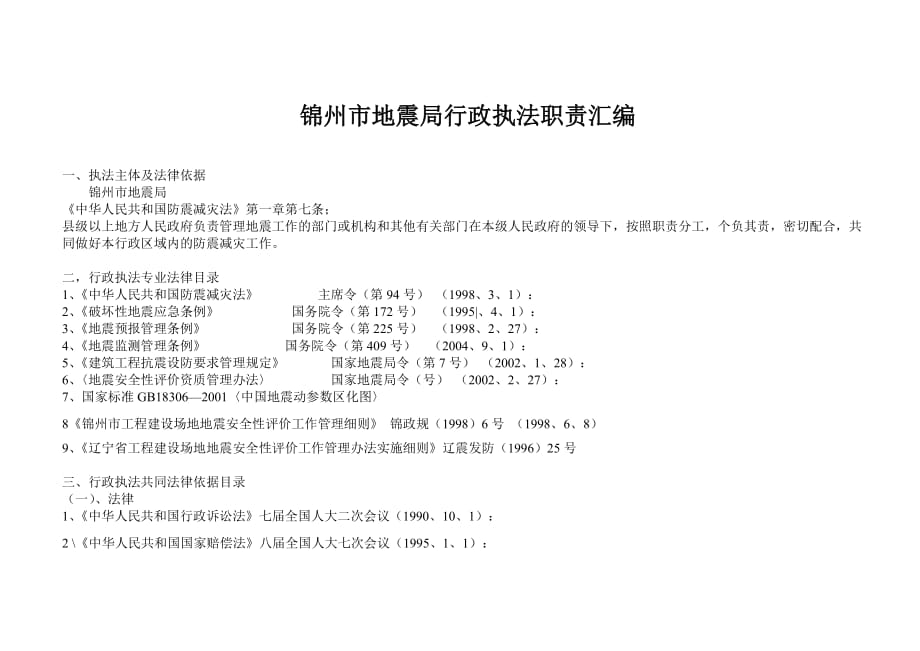 （行政管理）下载附件：锦州市地震局行政执法依据汇编公示锦_第1页