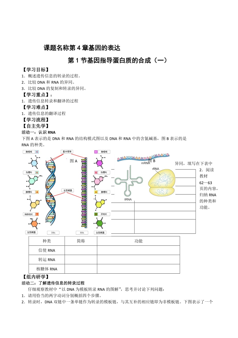 江苏省人教版高中生物必修二导学案：第4章第1节 基因指导蛋白质的合成（1）_第1页