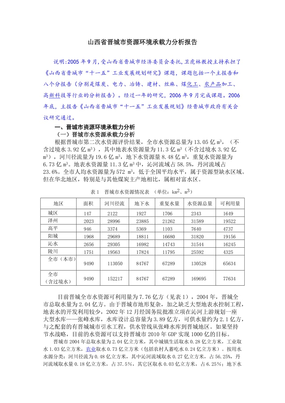 （环境管理）山西省晋城市资源环境承载力分析报告_第1页