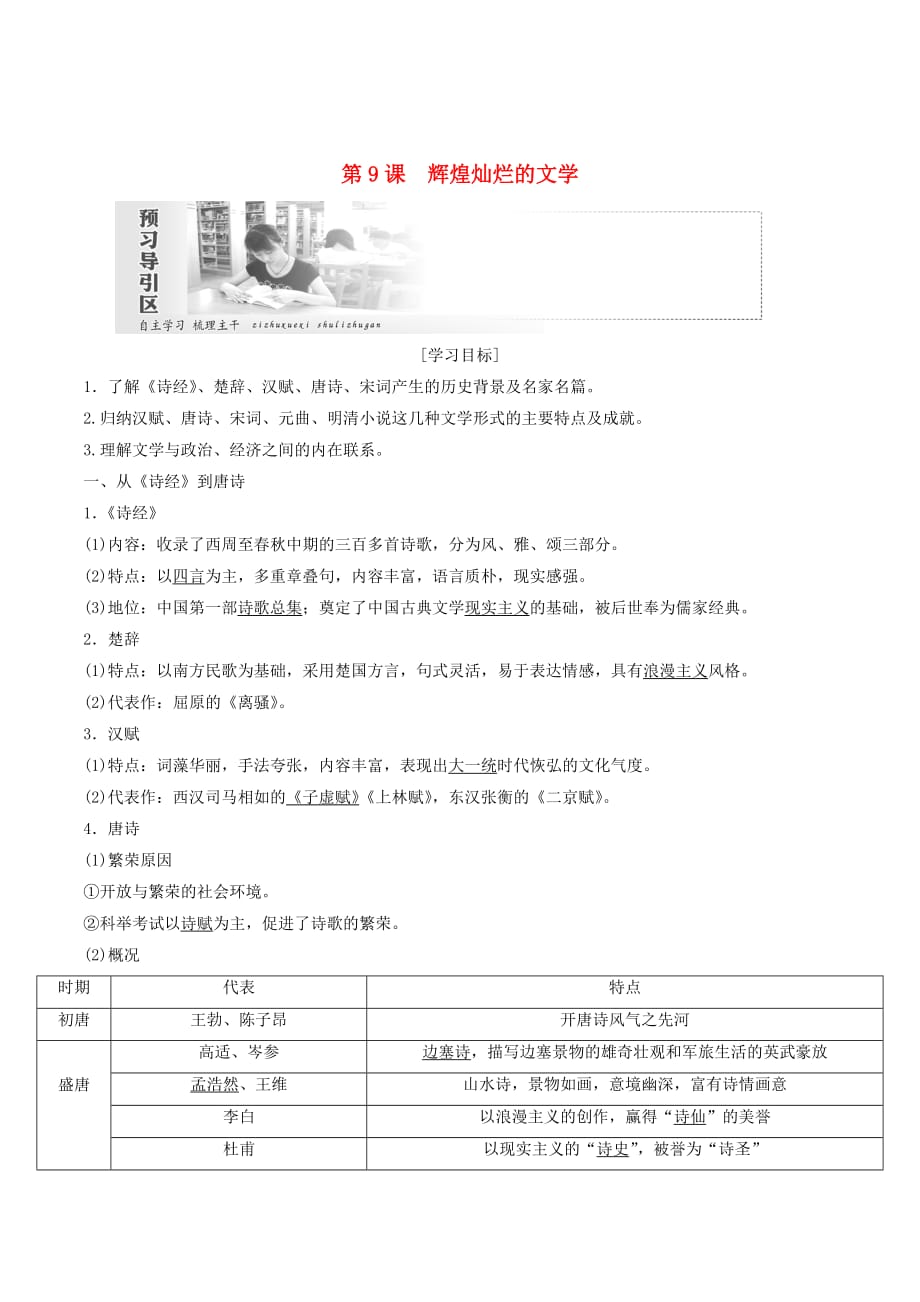 高中历史第三单元古代中国的科学技术与文学艺术第9课辉煌灿烂的文学教案（含解析）新人教版必修3_第1页