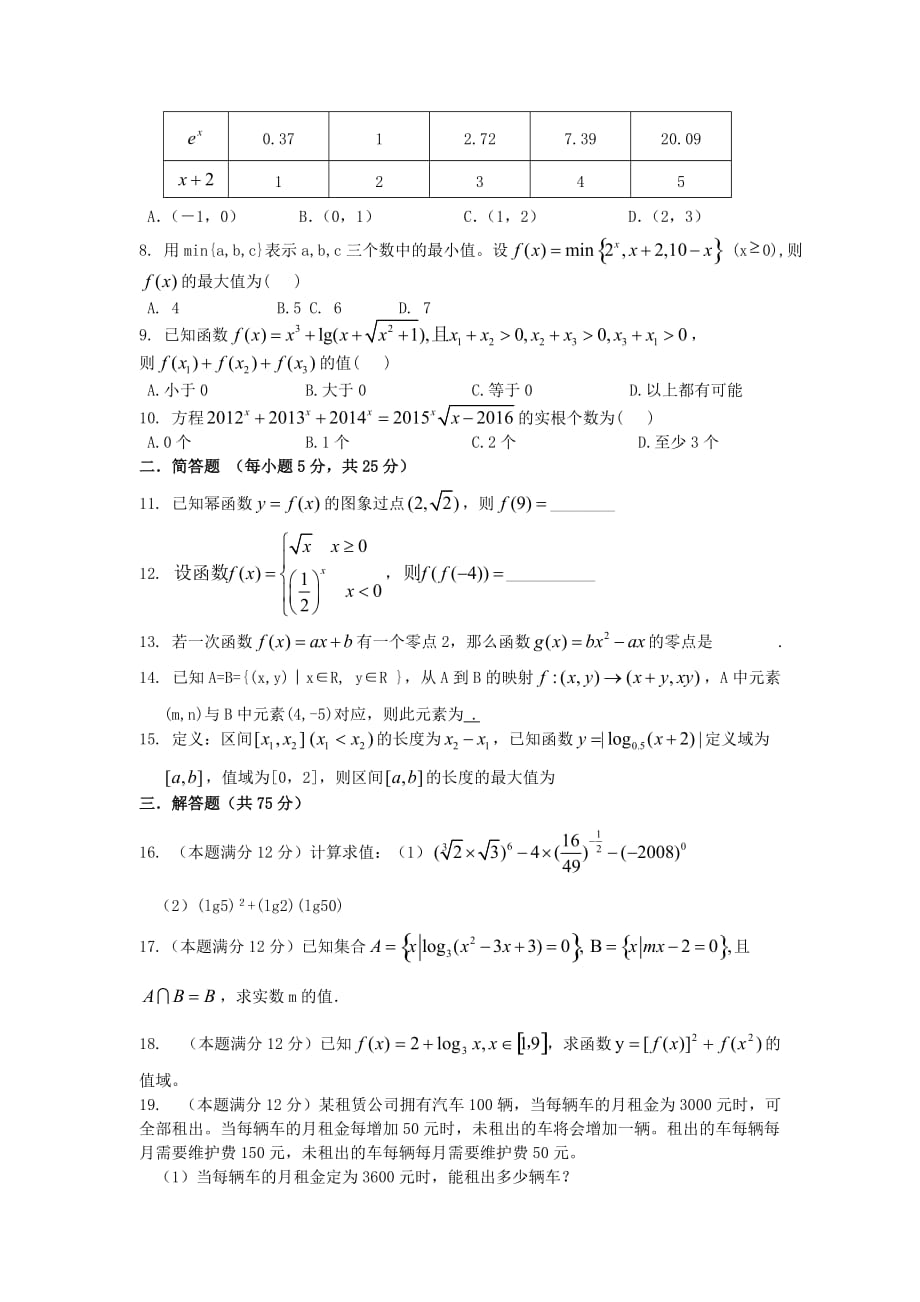 高一数学上学期期中试题及答案（新人教A版 第161套）_第2页