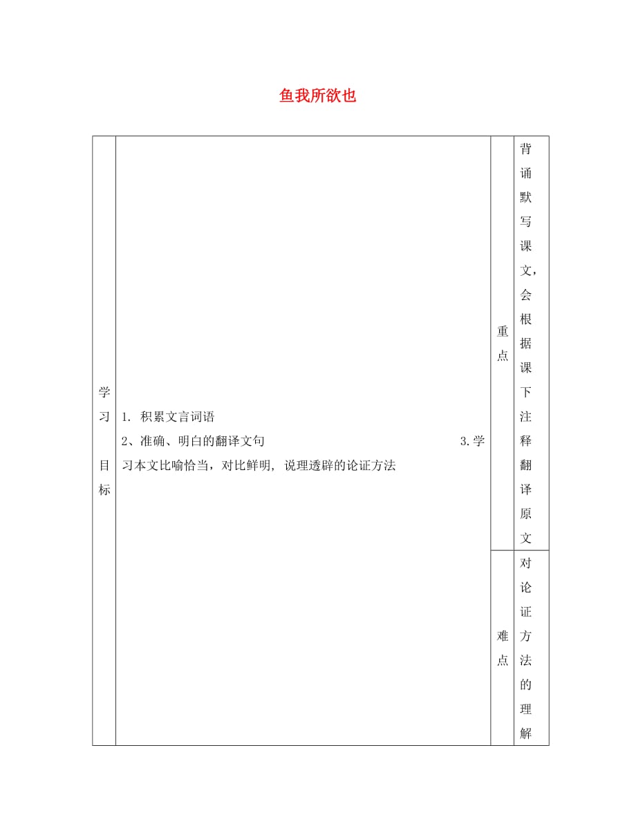 河北省滦县第三中学八年级语文下册 3.11《孟子二章》鱼我所欲也导学案（无答案） 冀教版_第1页