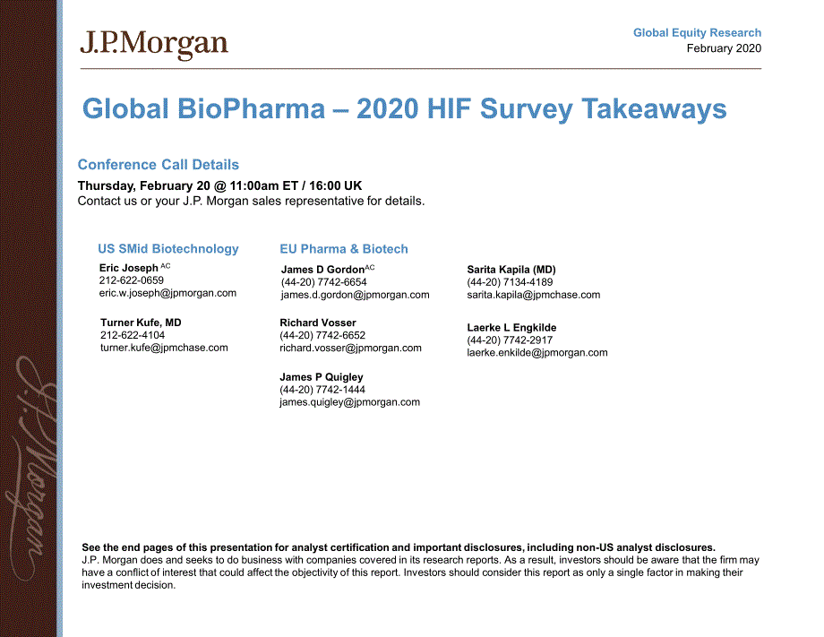 J.P. 摩根-全球-生物制药行业-全球生物制药：2020年HIF调查结论-2020.2-34页_第1页