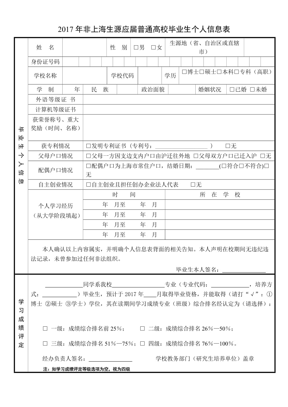 2017年非上海生源应届普通高校毕业生个人信息表_第1页