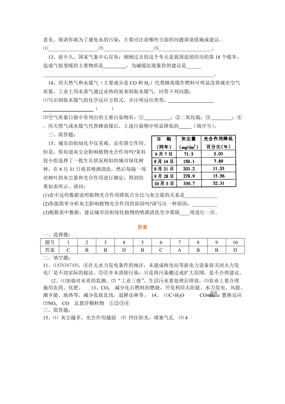 【沪教版】初中化学《第九章第三节 化学与环境》同步测试题及答案2_第2页