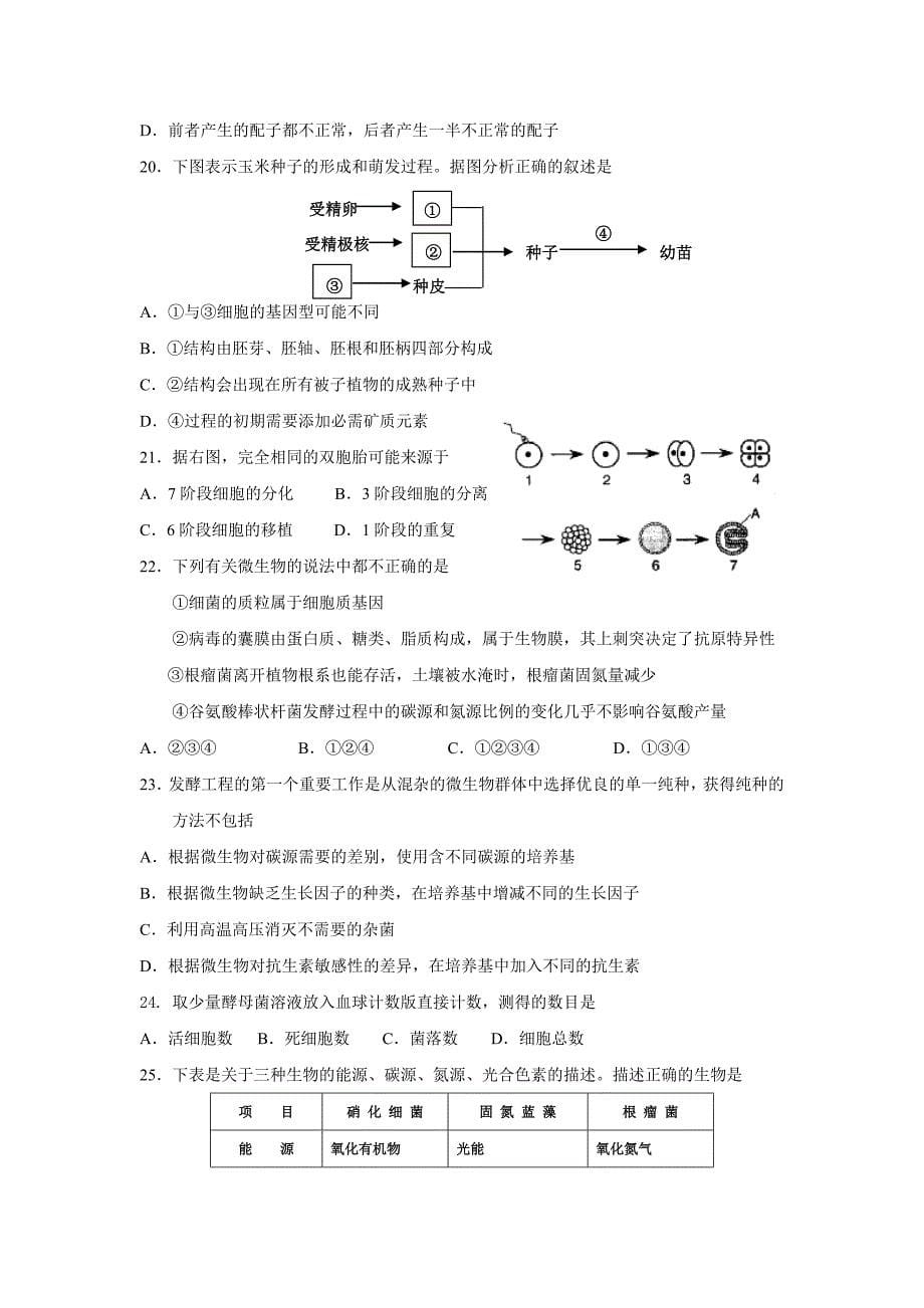 南昌八一中学高三生物月考测试卷_第5页