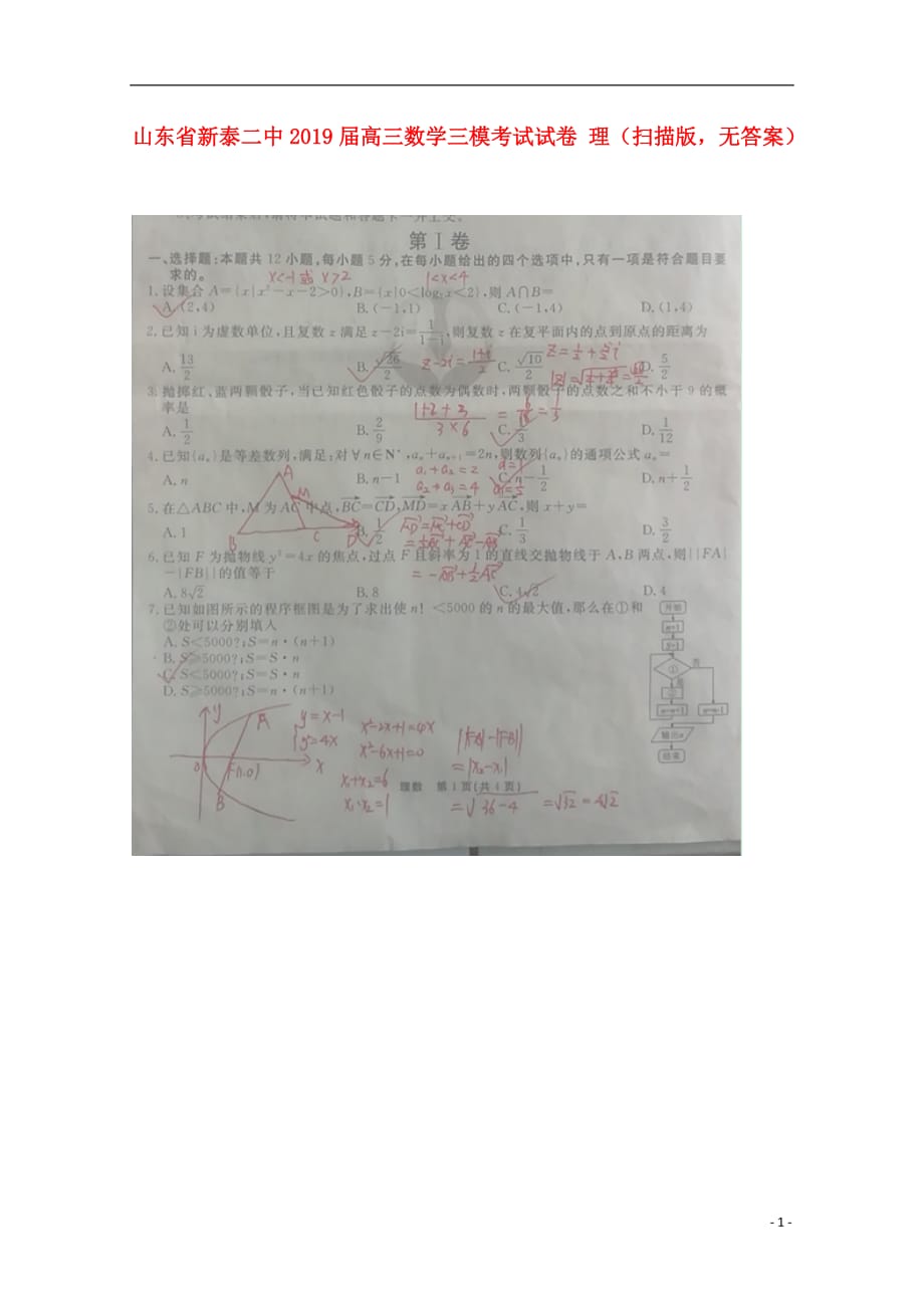 山东新泰二中高三数学三模考试试卷理（扫描版无答案） (1).doc_第1页